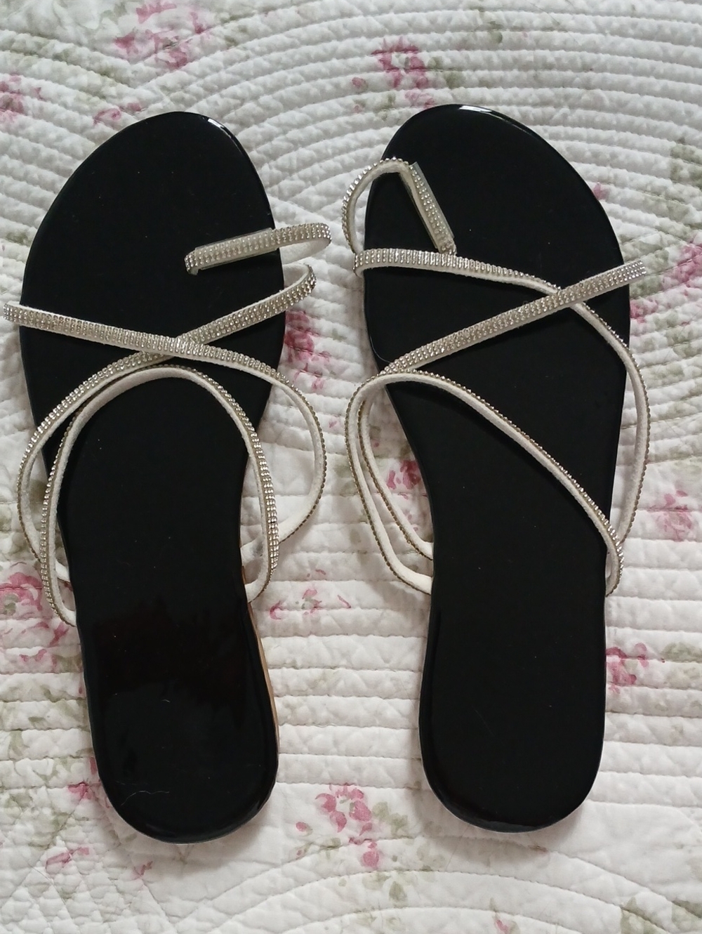 Women's Black Sandals with Silver Crystal Straps